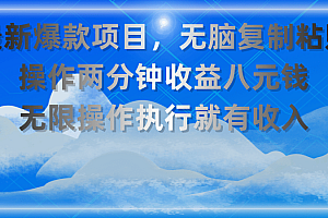 最新爆款项目,无脑复制粘贴,操作两分钟收益八元钱,无限操作执行就有…