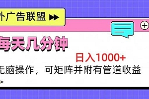 海外广告联盟,每天几分钟日入1000+无脑操作,可矩阵并附有管道收益