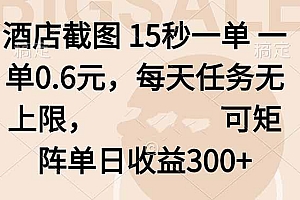 酒店截图 15秒一单 一单0.6元,每天任务无上限,可矩阵单日收益300+