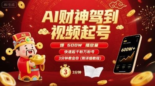 AI财神驾到视频起号，爆600W播放量，快速起千粉万粉号，3分钟教会你(附详细教程)