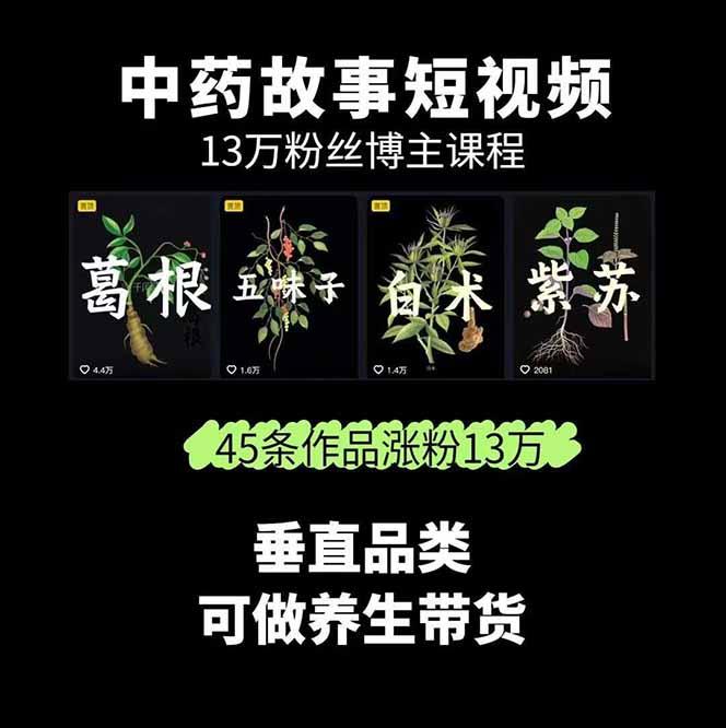 中草药养生赛道：AI文案+故事模板+橱带货，45条作品涨粉13w+单月变现1万+-2
