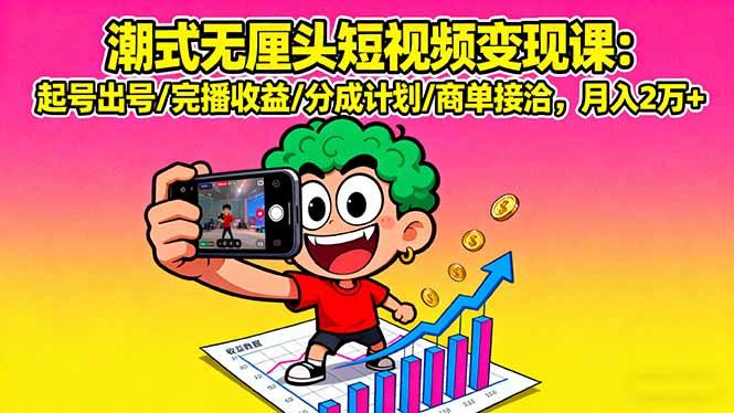 潮式无厘头短视频变现课：起号出号/完播收益/分成计划/商单接洽，月入2万+