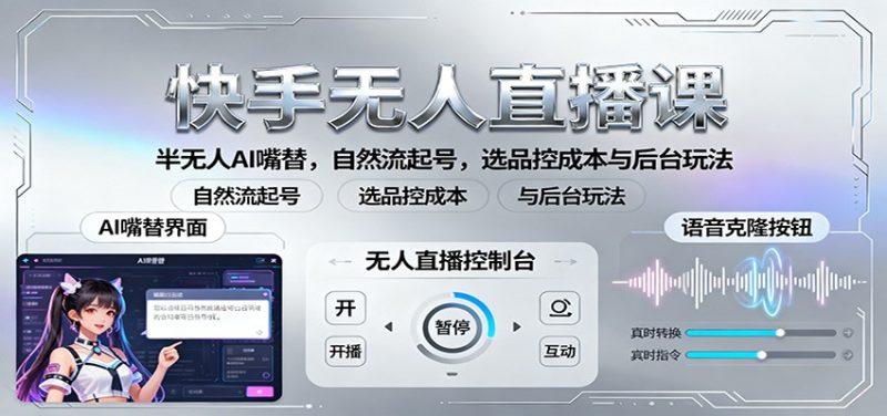快手无人直播课：半无人AI嘴替，自然流起号，选品控成本与后台玩法