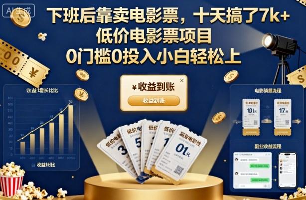 下班后靠卖电影票，十天搞了7k+，低价电影票项目，0门槛0投入小白轻松上手【揭秘】