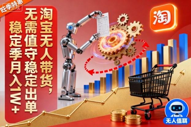 淘宝无人带货，无需值守稳定出单，电商旺季，稳定月入1W+