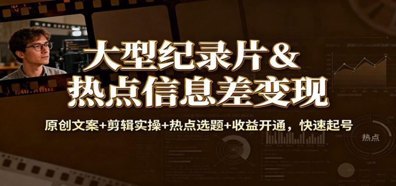 大型纪录片&热点信息差变现：原创文案+剪辑实操+热点选题+收益开通，快速起号