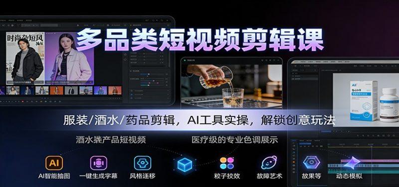 多品类短视频剪辑课：服装/酒水/药品剪辑，AI工具实操，解锁创意玩法
