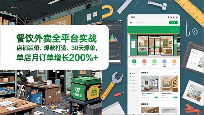 餐饮外卖全平台实战，店铺装修、爆款打造、30天爆单，手把手教学，单店月订单增长200%+