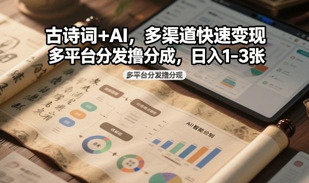 古诗词+AI，多渠道快速变现，多平台分发撸分成，日入1-3张