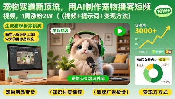 宠物赛道新顶流，用AI制作宠物播客短视频，1周涨粉2W（视频+提示词+变现方法）-2